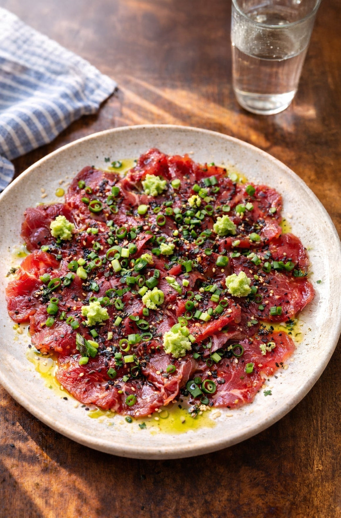 Carpaccio de bœuf au sésame, huile de shiso et wasabi