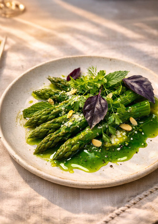 Asperges vertes à l’huile de feuille de figuier